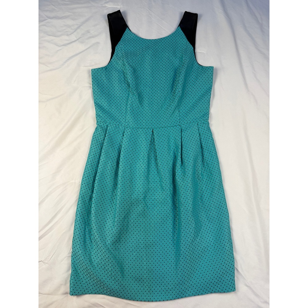 Kensie Polka Dot Sleeveless Sheath Dress S Womens‎ Teal Black Faux Leather Trim